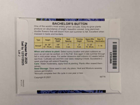 Growing info on the back of Bachelor's Button Seed Packet