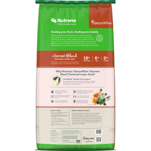 Back of the bag of Nutrena Harvest Blend Layer Feed