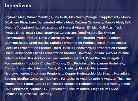 Ingredient list for E-Tec Balancer Horse Feed