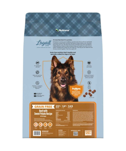 Back of the bag of Loyall Life Beef with Sweet Potato Dog Food