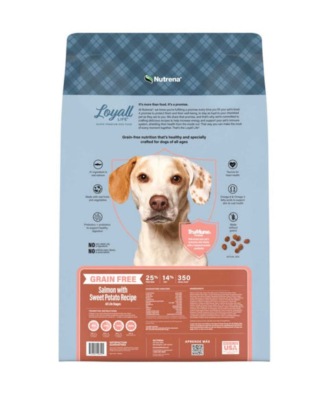 Back of the bag of Loyall Life Salmon with Sweet Potato Dog Food