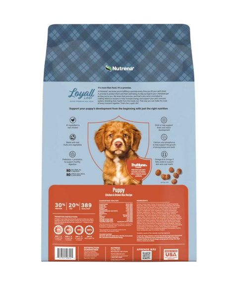 Back of the bag of Loyall Life Chicken and Brown Rice Puppy Food