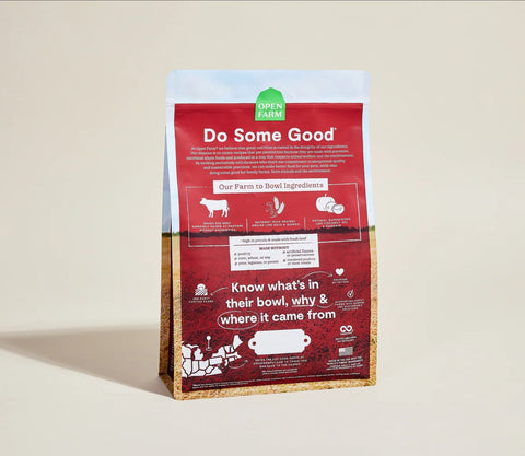 Back of the Bag of Open Farm Grass-Fed Beef and Ancient Grains Dog Food 22lb.
