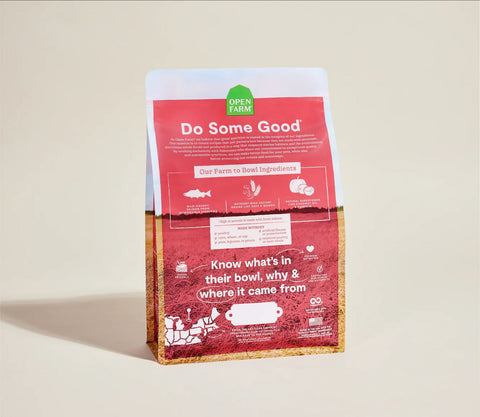 Back of the Bag of Open Farm Wild-Caught Salmon & Ancient Grains Dog Food 4lb.