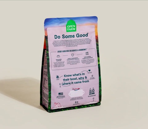 Back of the Bag of Open Farm Oven-Baked Goodbowl Wild-Caught Salmon & Brown Rice Dog Food 3.5lb.
