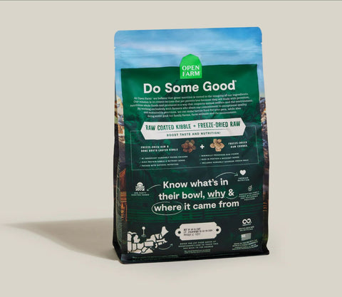 Back of the bag of Open Farm RawMix Open Prairie Dog Food