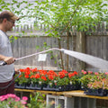 Employee in the garden center watering flowers