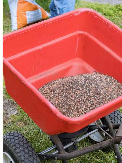 Fertilizer spreader with fertilizer in it