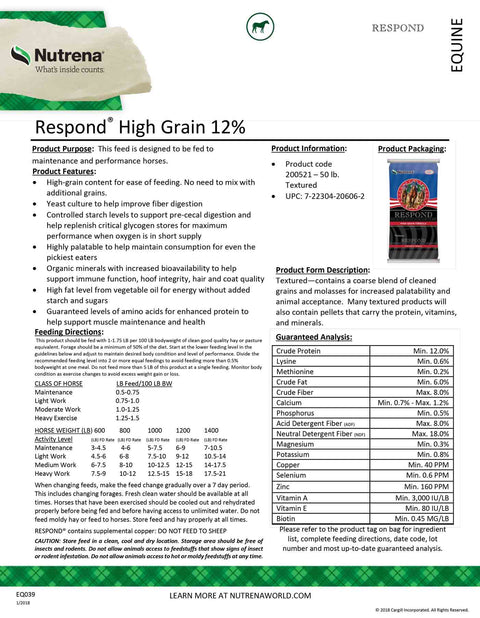 Nutrena Respond High Grain Label
