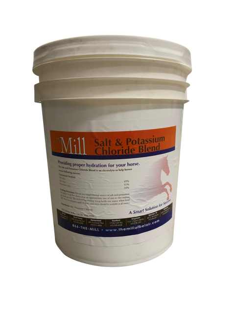 A 5 gallon bucket of Mill Salt and Potassium Blend Electrolyte mix for horses