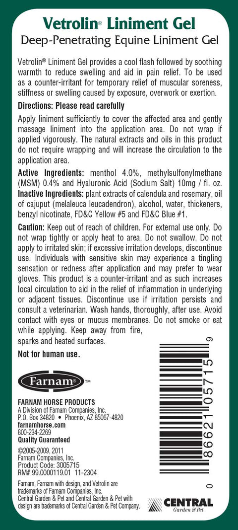 Farnam Vetrolin Liniment Gel with Hyaluronic Acid Label