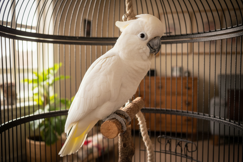 Gray parrot playing with a toy in his cage