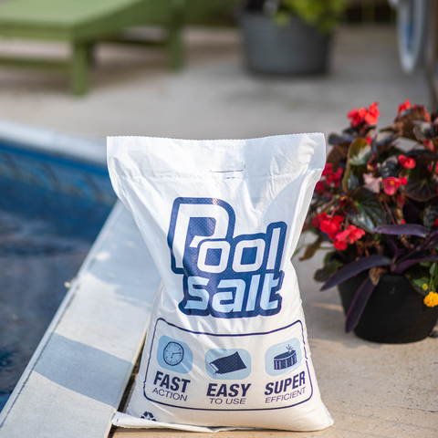 A bag of pool salt beside a pool.