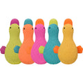 Multipet Duckworth latex dog toy featuring a yellow duck design, soft and durable for play and fetch.