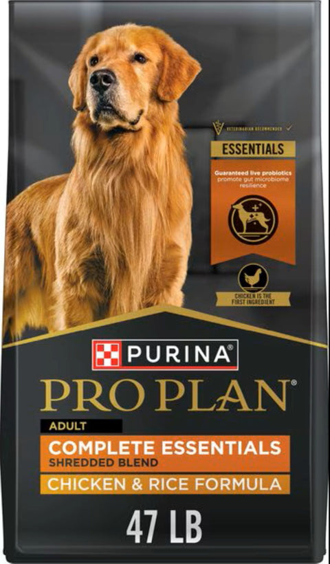 Bag of Purina Pro Plan Chicken and Rice Shredded Essentials 47lb.