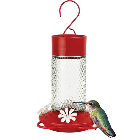 Red and clear hummingbird feeder with a hummingbird on a white background