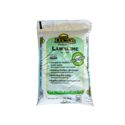 Soil Doctor Pelletized Lawn Lime fertilizer in a 40lb bag, designed to improve soil pH and promote healthy grass growth.