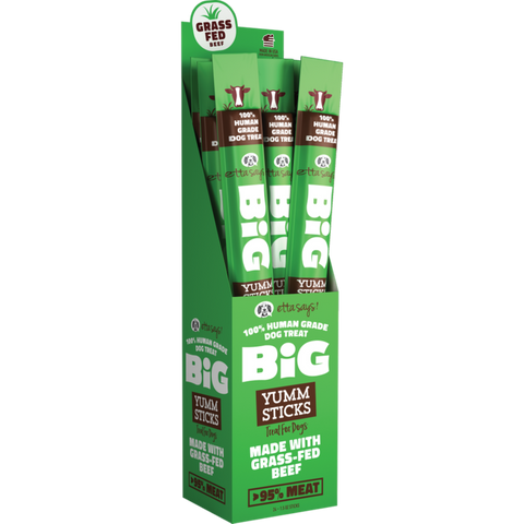 Etta Says Beef Etta Yumm Stick Dog Treat showing a long, flavored beef treat for dogs in clear packaging on a white background.