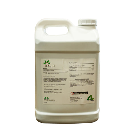 Liquid iron fertilizer by AgroLiquid in a 2.5-gallon container, used to enrich soil with essential iron nutrients.