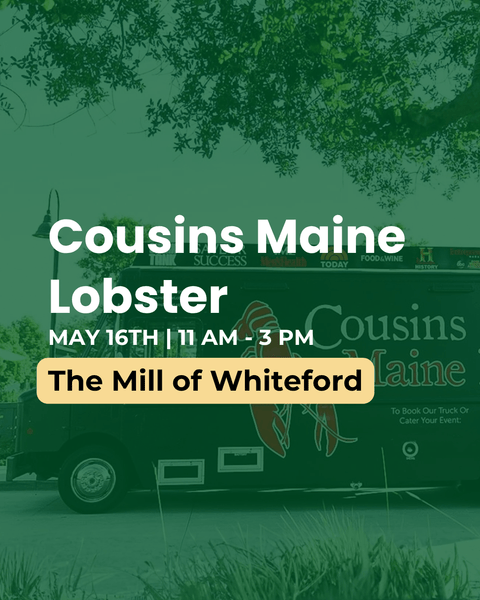 Promotional poster for Cousins Maine Lobster event at The Mill of Whiteford with a green background and truck.