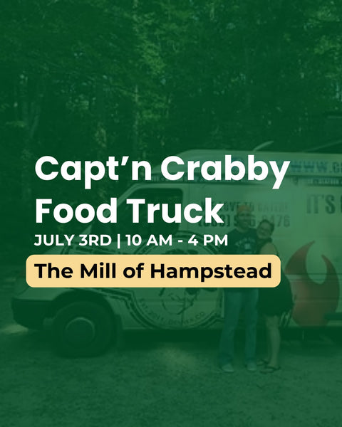Promotional graphic for Capt'n Crabby Food Truck event at The Mill of Hampstead on July 3rd.