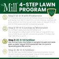 The Mill 22-0-14 lawn fertilizer with 50% SCU and 5% iron, showing granulated fertilizer with green plant background.