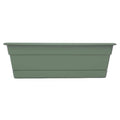 Bloem Dura Cotta 18-inch resin rectangle window box planter with matching saucer, ideal for garden and outdoor plant displays.
