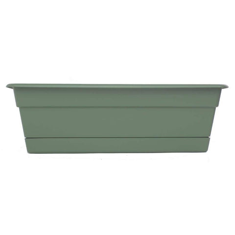 Bloem Dura Cotta 18-inch resin rectangle window box planter with matching saucer, ideal for garden and outdoor plant displays.