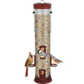 Bird feeder with birds perched on it against a white background

