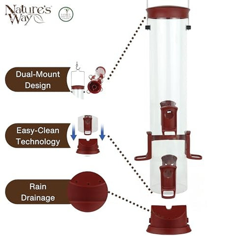 Nature's Way 2.1 Quart Plastic Tube Bird Feeder, Red