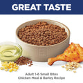 Dry dog food bag of Hill's Science Diet Adult Small Bites Chicken and Barley Recipe, with kibble visible in the packaging