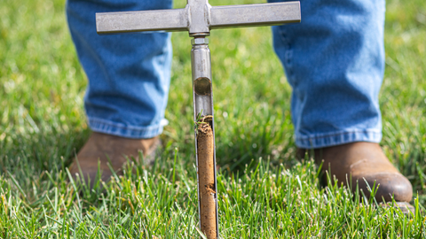 Person using a soil testing tool in grass