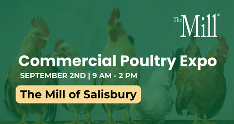 A promotional flyer for the commercial poultry expo at the mill of salisbury with chicken in the background
