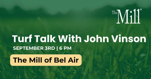 A promotional flyer for the turf talk with John Vinson at the mill of bel air with grass in the background