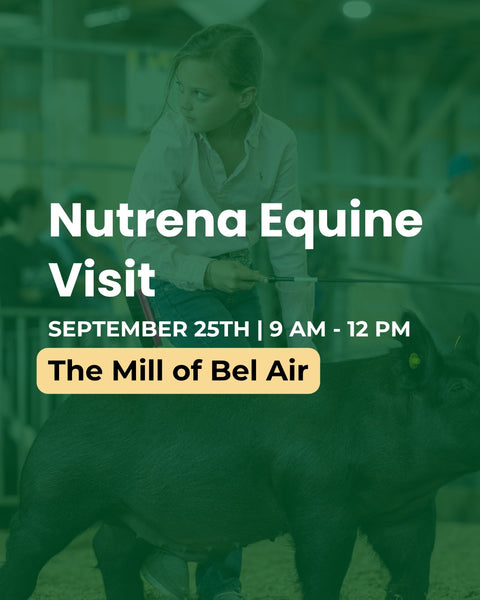 Promotional graphic for a Nutrena Equine Visit, featuring a woman riding a horse in an indoor arena with a green overlay and text that reads 'SEPTEMBER 25TH | 9 AM - 12 PM' and 'The Mill of Bel Air'.