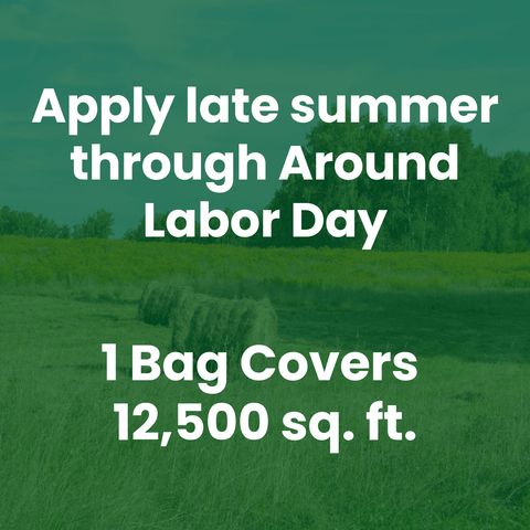 The Mill 22-0-14 lawn fertilizer with 50% slow-release nitrogen and 5% iron, shown in a granular form on a white background.