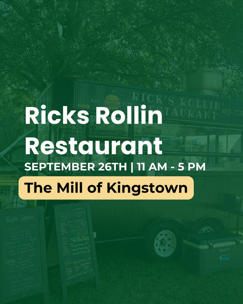 Promotional graphic for Ricks Rollin Restaurant, featuring a dark green food truck parked outdoors with trees in the background. Large white text reads 'Ricks Rollin Restaurant' with additional event details: 'SEPTEMBER 26TH | 11 AM - 5 PM' and 'The Mill of Kingstown' highlighted in a yellow box.