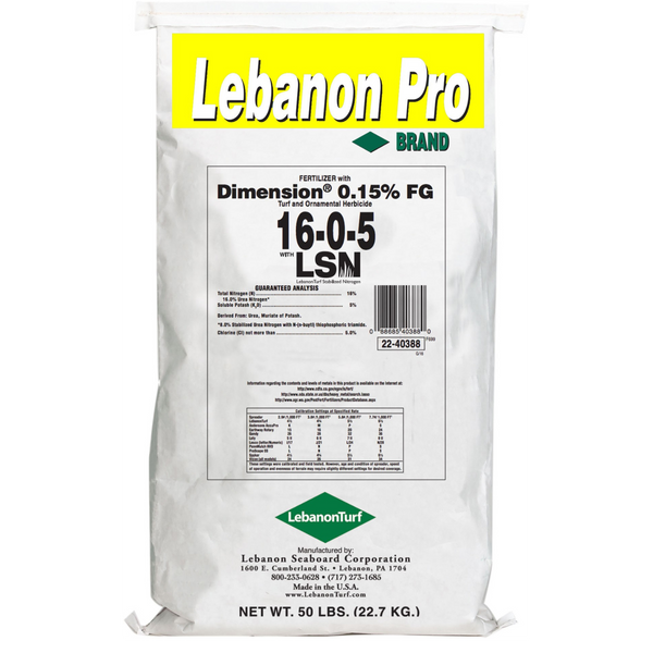 16-4-8 fertilizer + pre-emergent herbicide 16-0-5 .15 Dimension 50% SCU Pre-emergent Crabgrass and Weed Control and Fertilizer