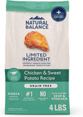 Natural Balance grain-free dog food with chicken and sweet potato, limited ingredient recipe, in a resealable bag.