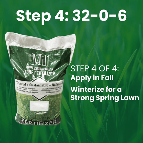 The Mill Step 4 32-0-6 lawn fertilizer bag with 30% XCU nutrient, showing the fertilizer granules and branding on the packaging.