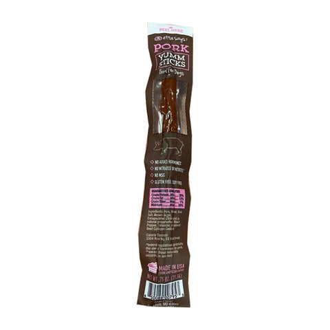 Etta Says Pork Etta Yumm Stick dog treat for dogs, showing a close-up of the chewy pork treat on a white background.
