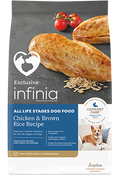 Exclusive Infinia Chicken and Brown Rice dry dog food bag showing the front packaging with images of chicken and rice.