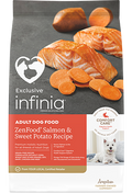 Exclusive Infinia ZenFood salmon and sweet potato dog food bag showing the front packaging and product branding.
