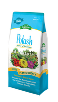 Espoma Potash 0-0-60 fertilizer bag with 6 lb capacity, featuring a white and green packaging design.