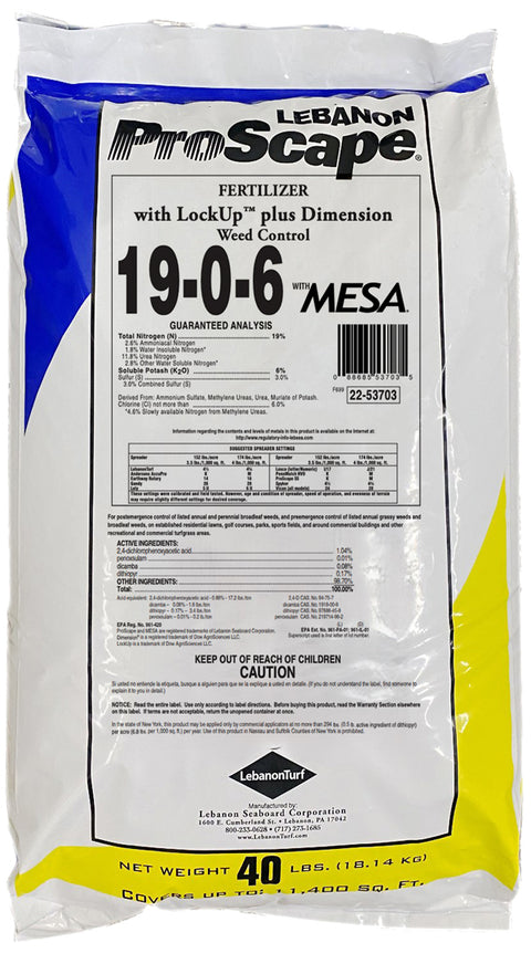 LebanonTurf Turf Fertilizer 19-0-6 40lb bag with LockUp and .17 Dimension labels, showing the fertilizer bag and branding.
