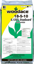 Woodace® 18-5-10 long-term lawn fertilizer with StayGuard™, 40 lb bag, designed for turf and grass nourishment.