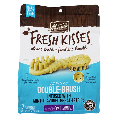 Merrick Fresh Kisses Mint Breath Strips for large breed dogs over 50 lbs, 11.5 oz, featuring 7 dental treats with mint flavor.