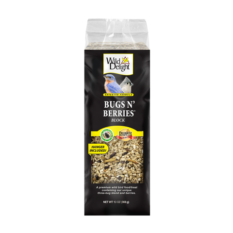 Wild Delight Bugs N' Berries bird food block in 13 oz. with colorful berries and insect attractants, ideal for attracting wild birds.