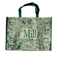 a mill branded tote bag with farm animal sketches on a white background