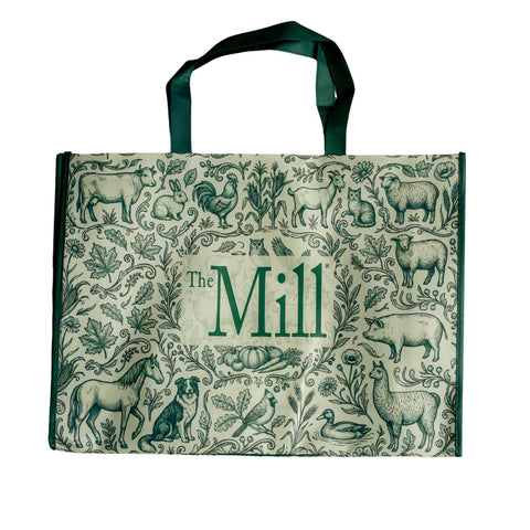 a mill branded tote bag with farm animal sketches on a white background